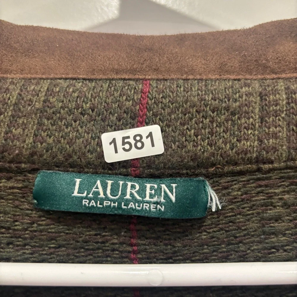 Lauren Ralph Lauren Mens Plaid Cardigan Sweater Olive Green Wool Cashmere Large
